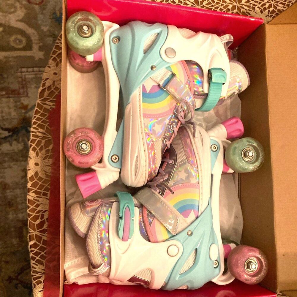 SULIFEEL Rainbow Unicorn Adjustable Light Up Roller Skates Kids Size 3-6 Large